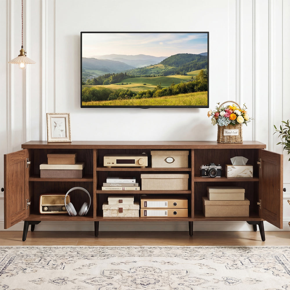 Mid-century modern 2-door TV stand in brown, showcasing open compartments for versatile storage and elegant carved.