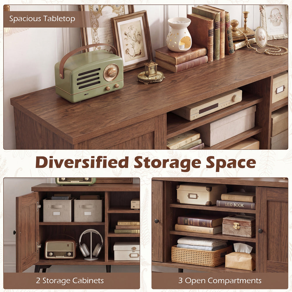 Mid-century modern 2-door TV stand in brown with spacious tabletop, 2 storage cabinets, and 3 open compartments for.