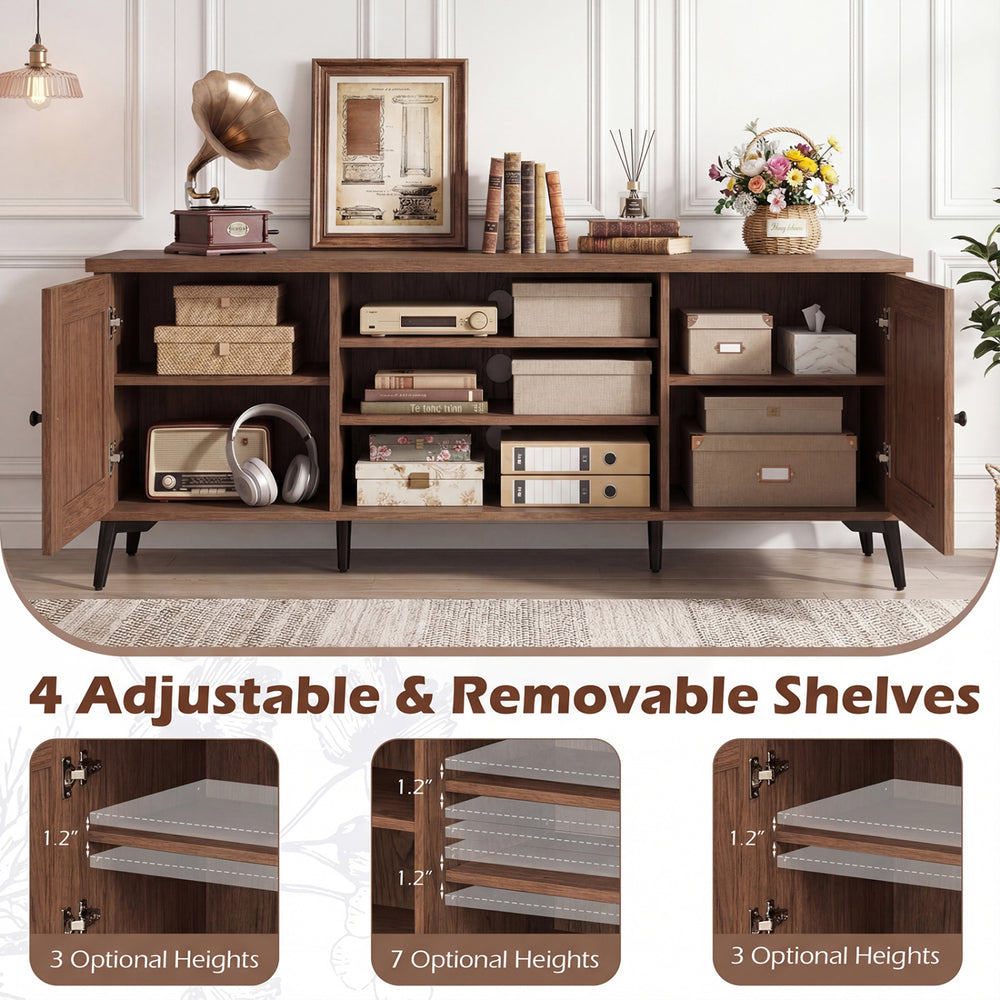 Mid-century modern 2-door TV stand in brown with adjustable shelves, designed for TVs up to 65 inches, featuring 3.