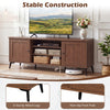 Mid-century modern 2-door TV stand in brown with adjustable shelves and sturdy metal legs for TVs up to 65 inches.