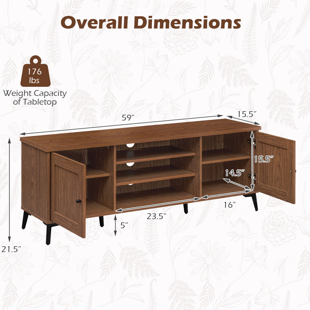 Mid-century modern 2-door TV stand in brown with adjustable shelves, suitable for TVs up to 65 inches, showing.