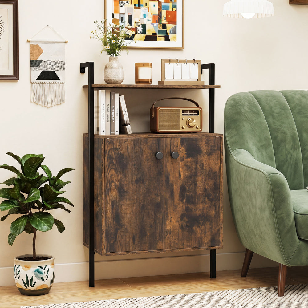 2-Door Wall Mount Bookshelf with Storage Cabinet-Rustic Brown - Gallery View 1 of 9