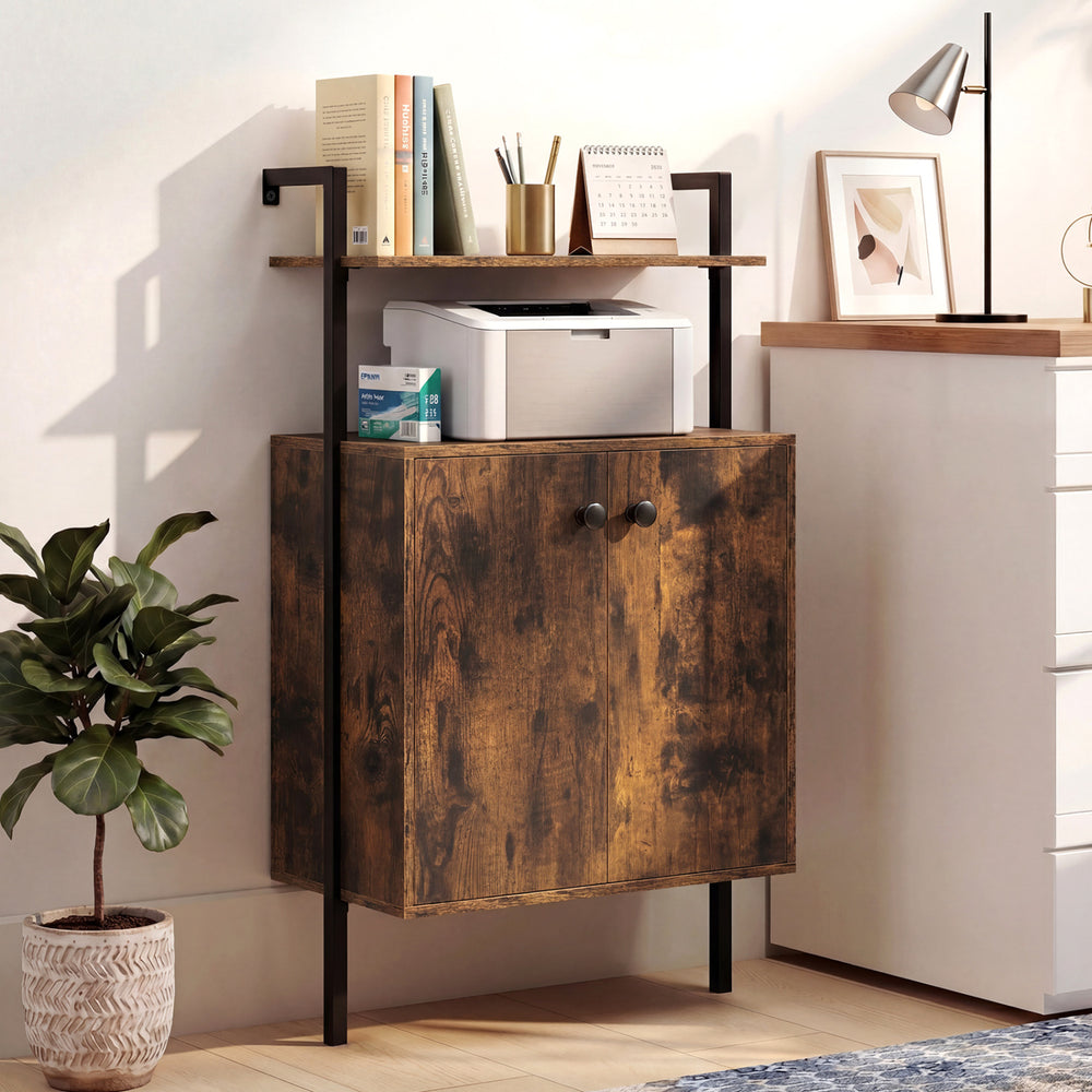 Rustic brown 2-door wall mount bookshelf with open shelf, ideal for office or living room storage and organization.