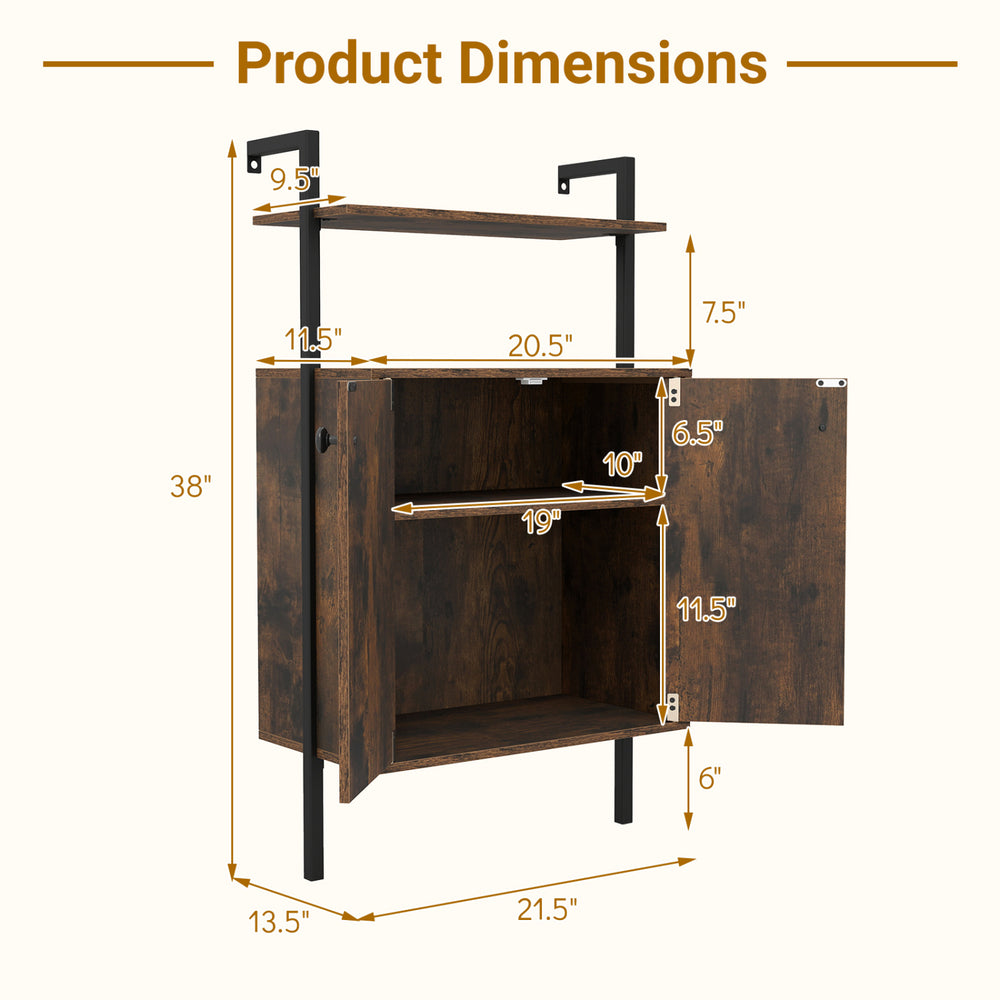 Rustic brown 2-door wall mount bookshelf with storage cabinet dimensions, featuring open shelves and concealed storage.