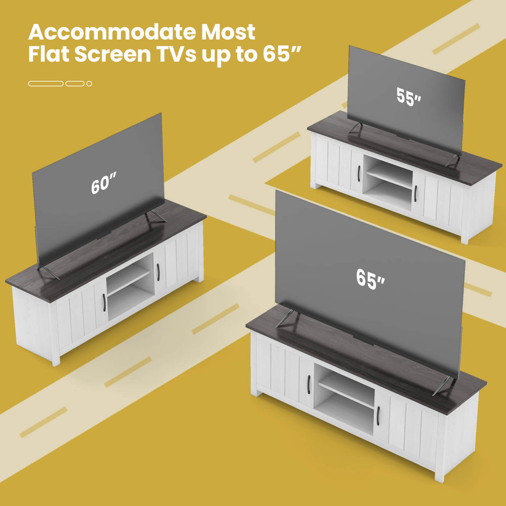 TV stand with open shelves and cabinets, accommodating TVs up to 65 inches, featuring a modern design and sturdy.