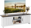 TV stand with a large tabletop for TVs up to 65 inches, featuring 2 cabinets and open shelves for storage.