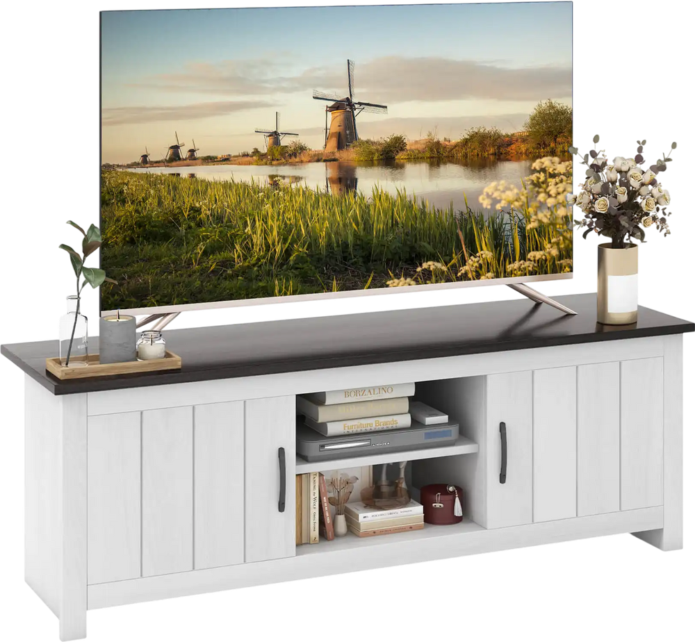 TV stand with a large tabletop for TVs up to 65 inches, featuring 2 cabinets and open shelves for storage.