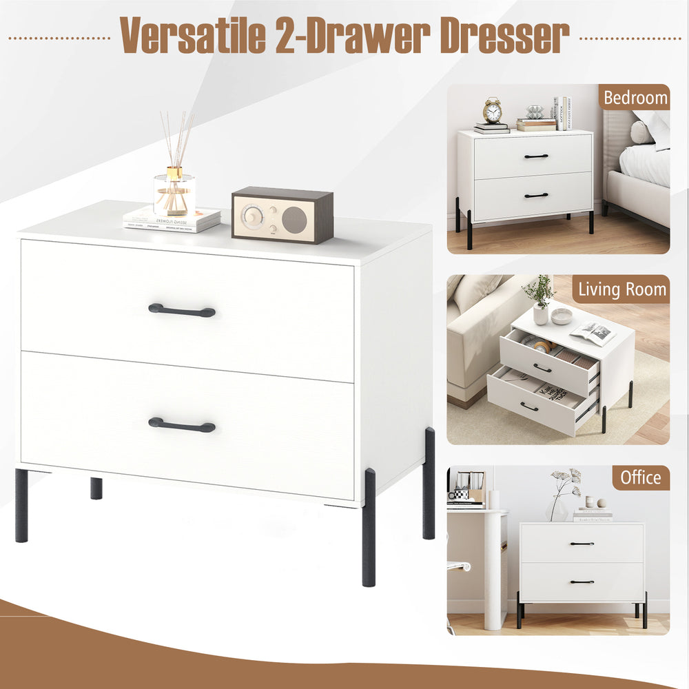 White 2-drawer dresser with spacious countertop and metal handles, perfect for bedroom, office, or dorm use.