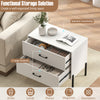 White 2-drawer dresser with spacious countertop and metal handles, ideal for bedroom or office organization.