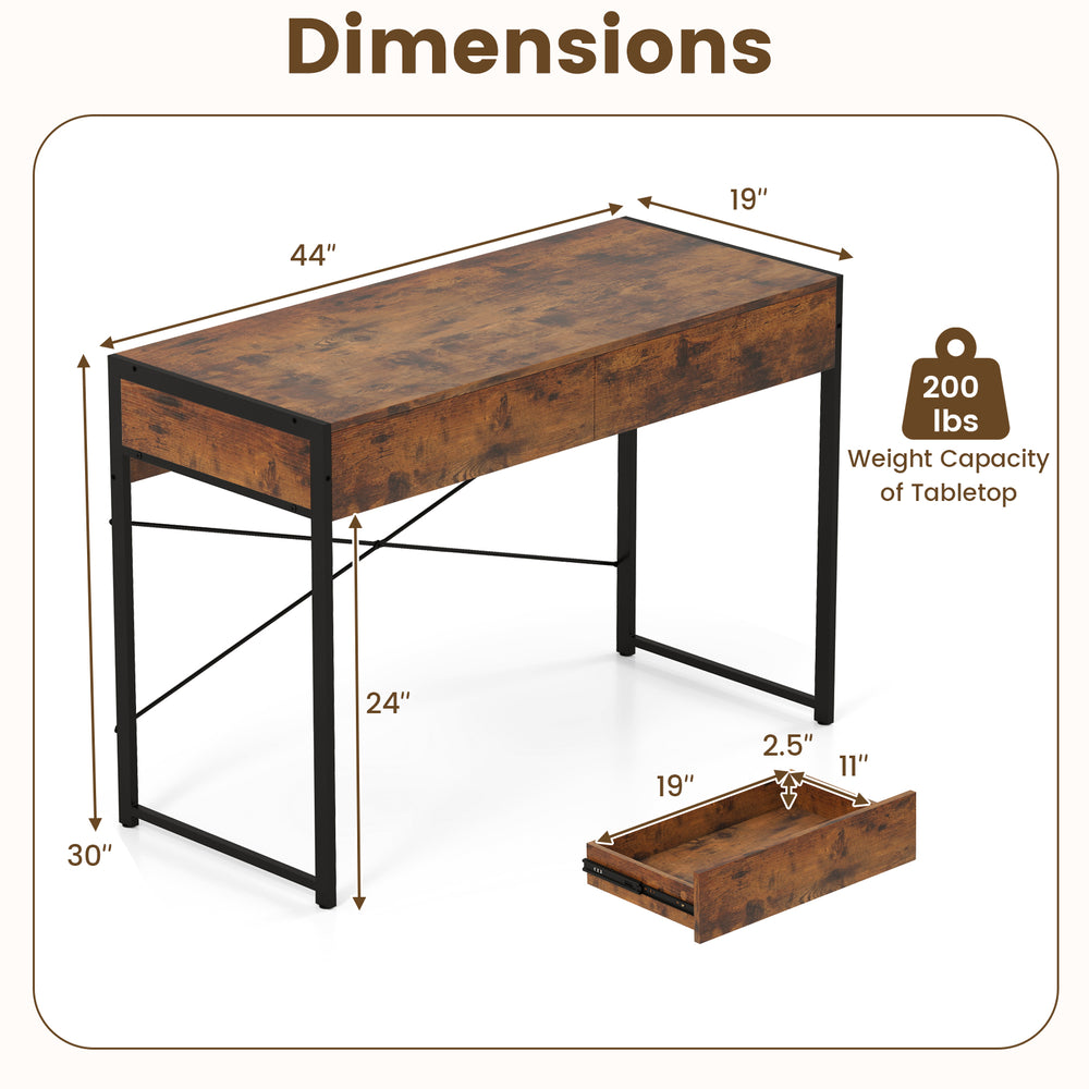 2-Drawer home office desk with a brown engineered wood surface and steel frame, featuring dimensions and weight.