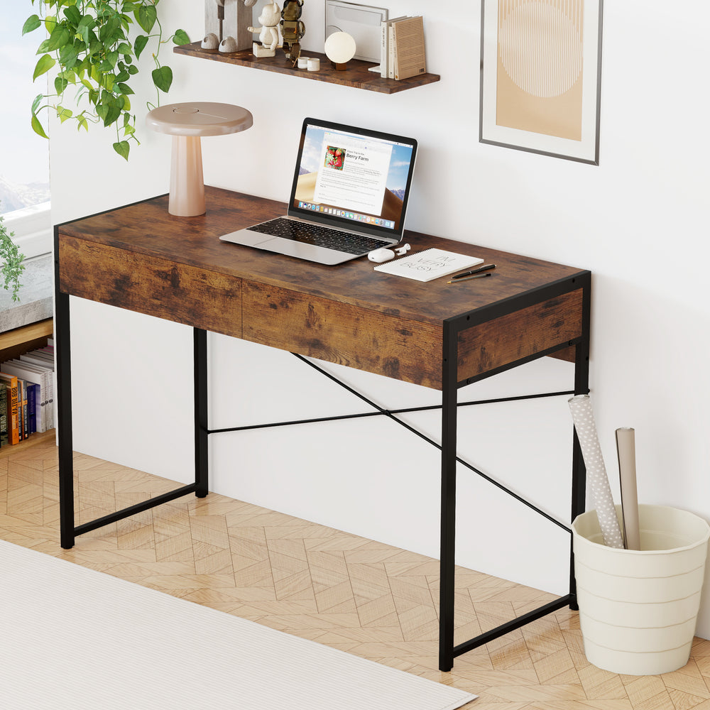 2-Drawer Home Office Desk with Steel Frame-Brown - Gallery View 1 of 11