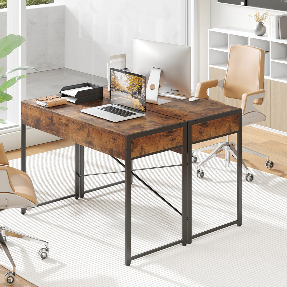 2-drawer home office desk with a brown engineered wood surface and sturdy steel frame, ideal for work and gaming.