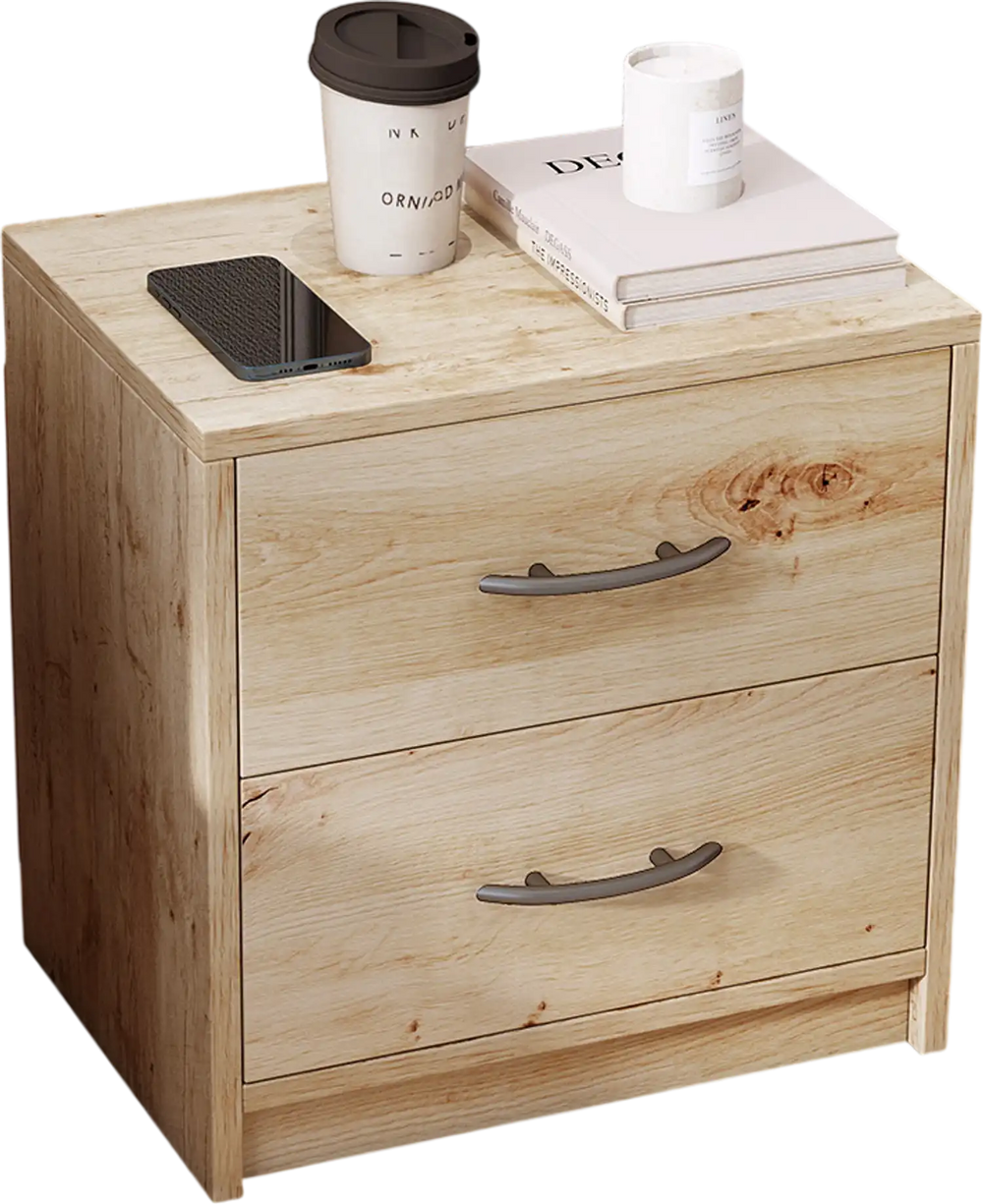 2 Drawer nightstand in oak with smooth surface, ideal for living room or bedroom storage and organization.