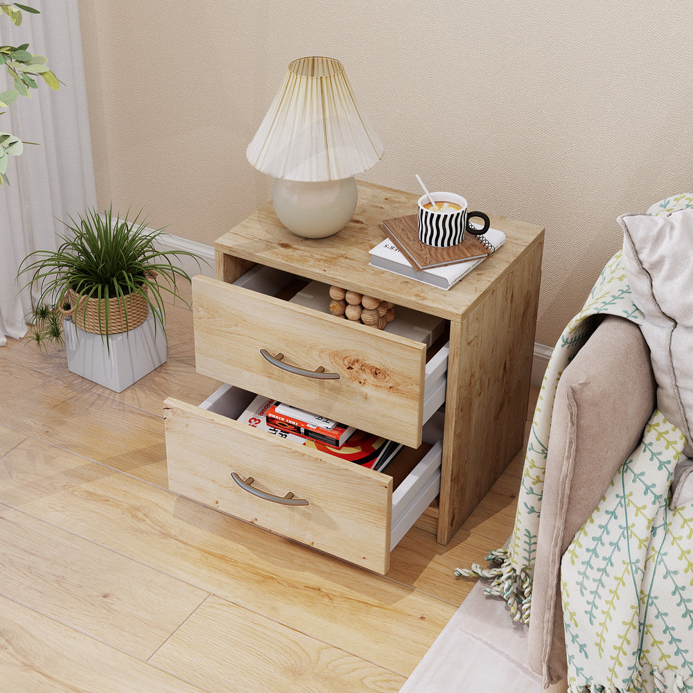 2 Drawer nightstand in oak with a wide tabletop, ideal for living room or bedroom storage and organization.