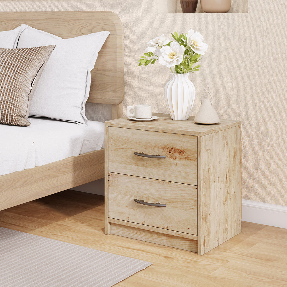 2 Drawer nightstand in oak finish with smooth drawer slides, perfect for bedroom or living room storage and.