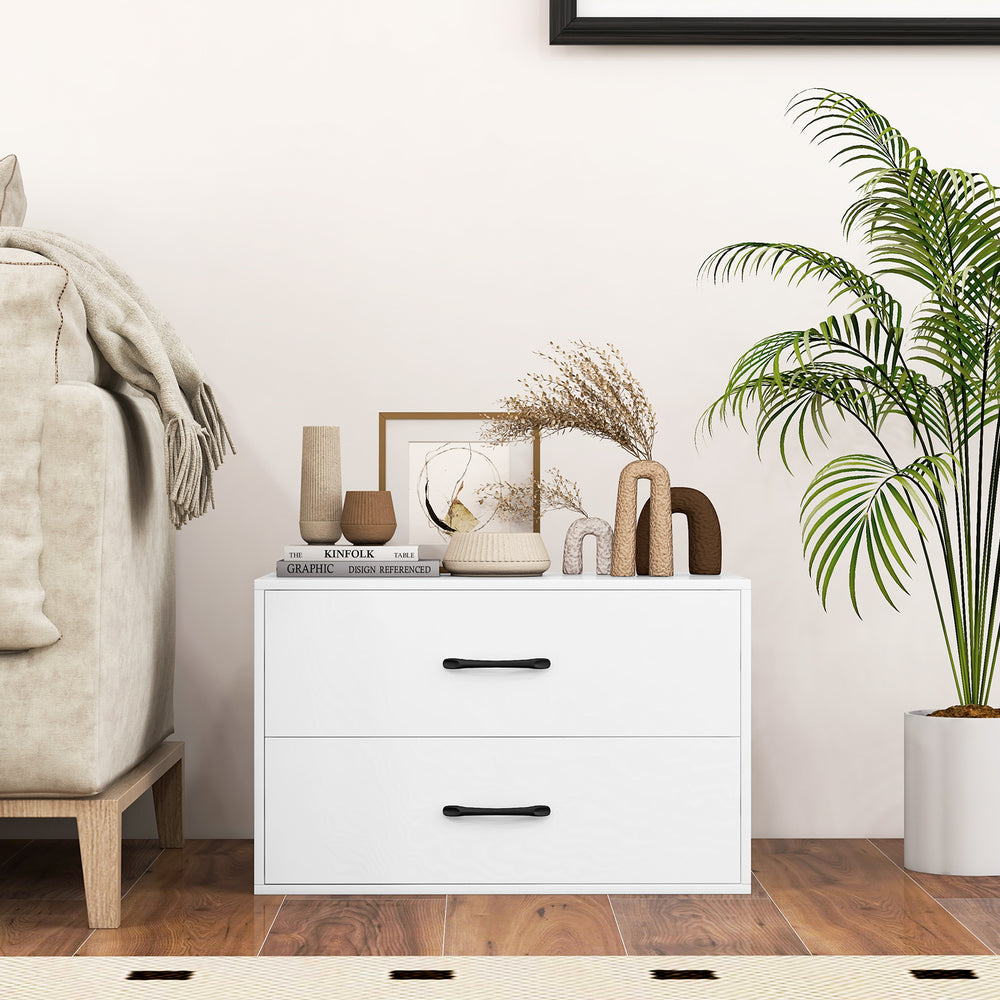 White 2-drawer stackable storage cabinet with handles, featuring a solid tabletop for display and compact design for.