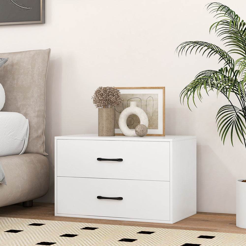 White 2-drawer storage cabinet with handles, featuring a solid tabletop for display, ideal for living room or bedroom.