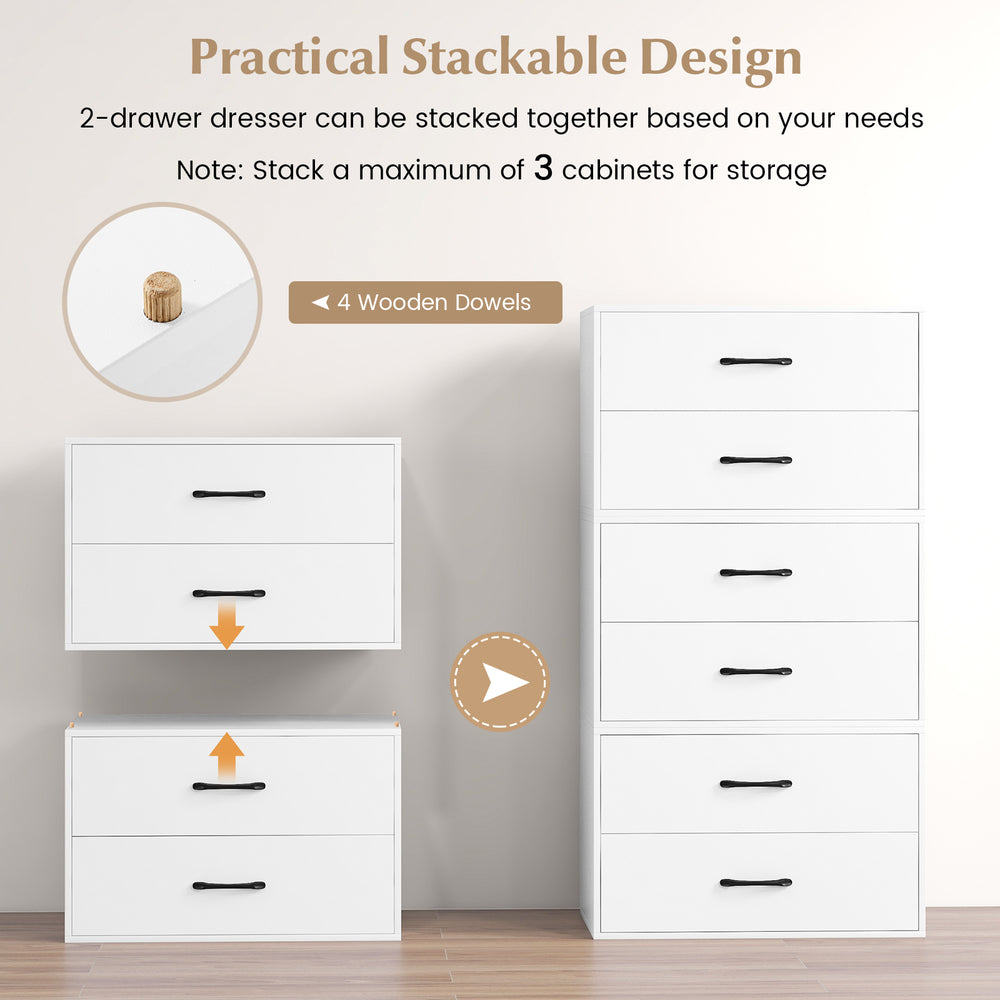 2-drawer stackable storage cabinet in white with handles, ideal for living room or office organization.