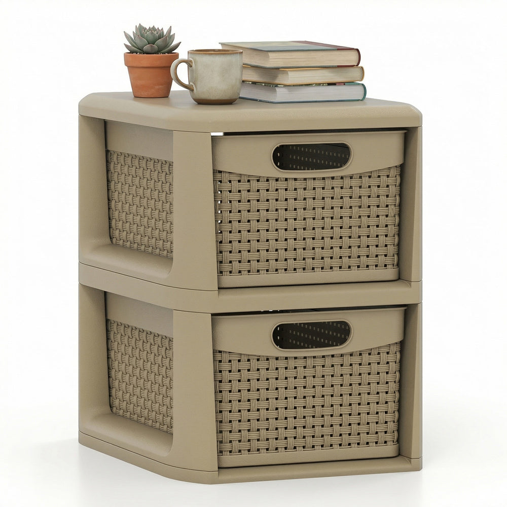 Compact 2-drawer storage organizer in brown with wicker patterns, ideal for corners, desks, or countertops.