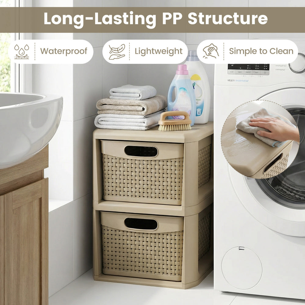 2-drawer storage organizer in brown with wicker patterns, ideal for bathroom or laundry room, lightweight and.