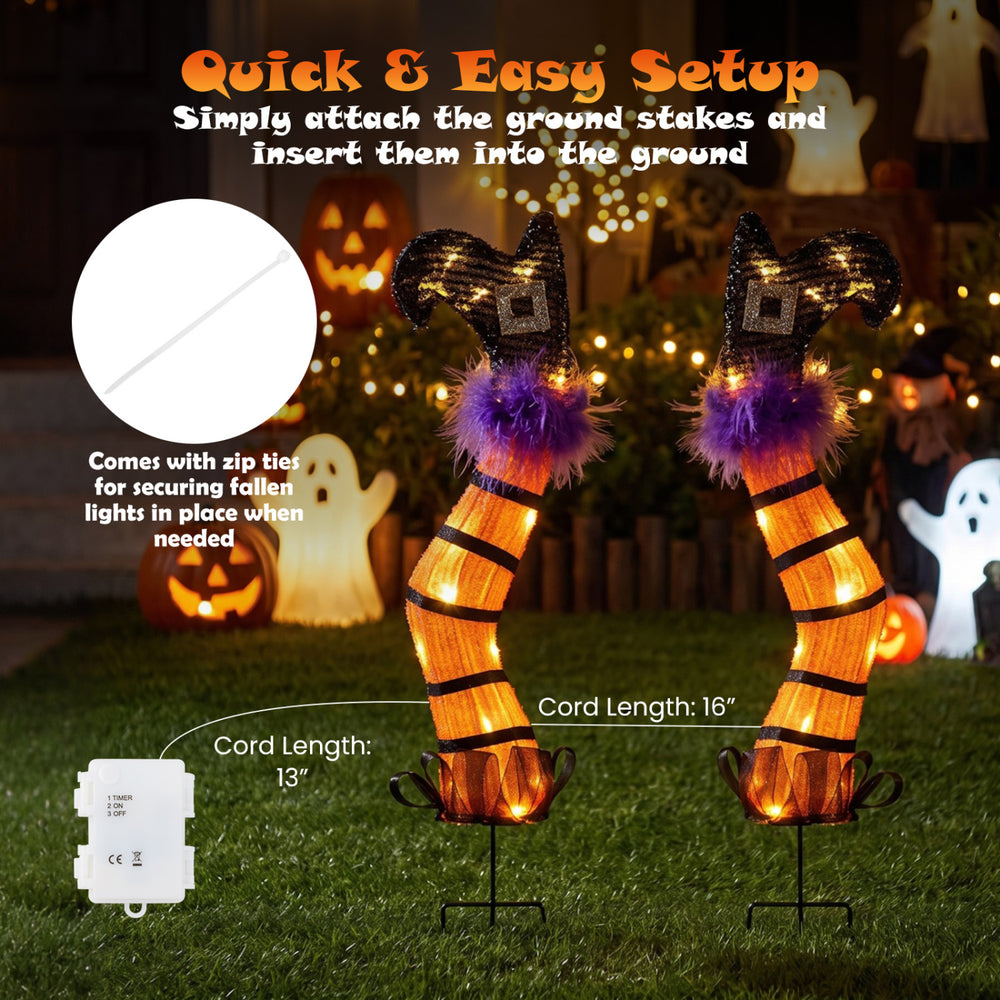 Lightweight set of 2 lighted witch legs with purple trim and 30 warm white LEDs for festive Halloween displays.