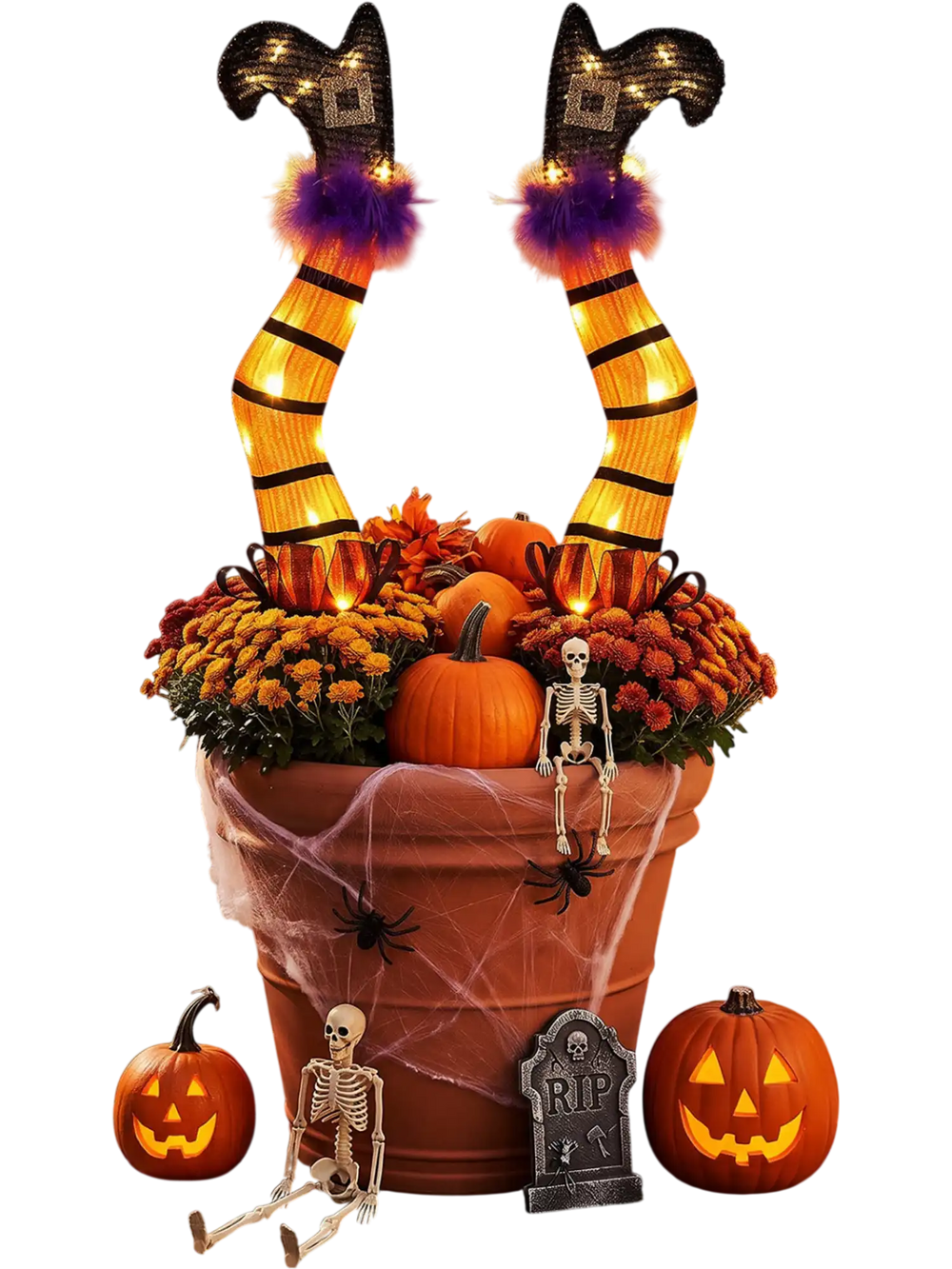 Lighted witch legs with purple trim and tinsel, featuring 30 warm white LEDs for festive Halloween outdoor displays.