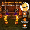 Set of 2 lighted witch legs with purple fluffy trim and 30 warm white LED lights for festive Halloween displays.