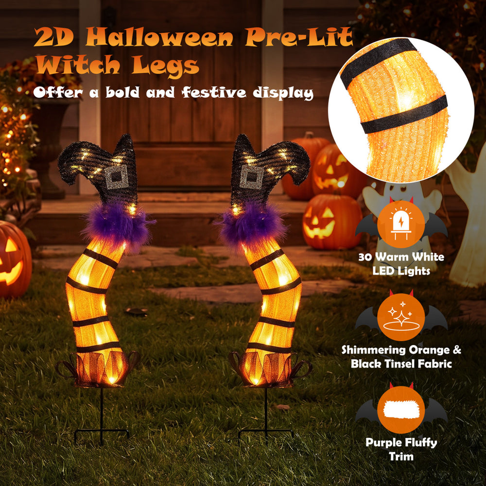 Set of 2 lighted witch legs with purple fluffy trim and 30 warm white LED lights for festive Halloween displays.