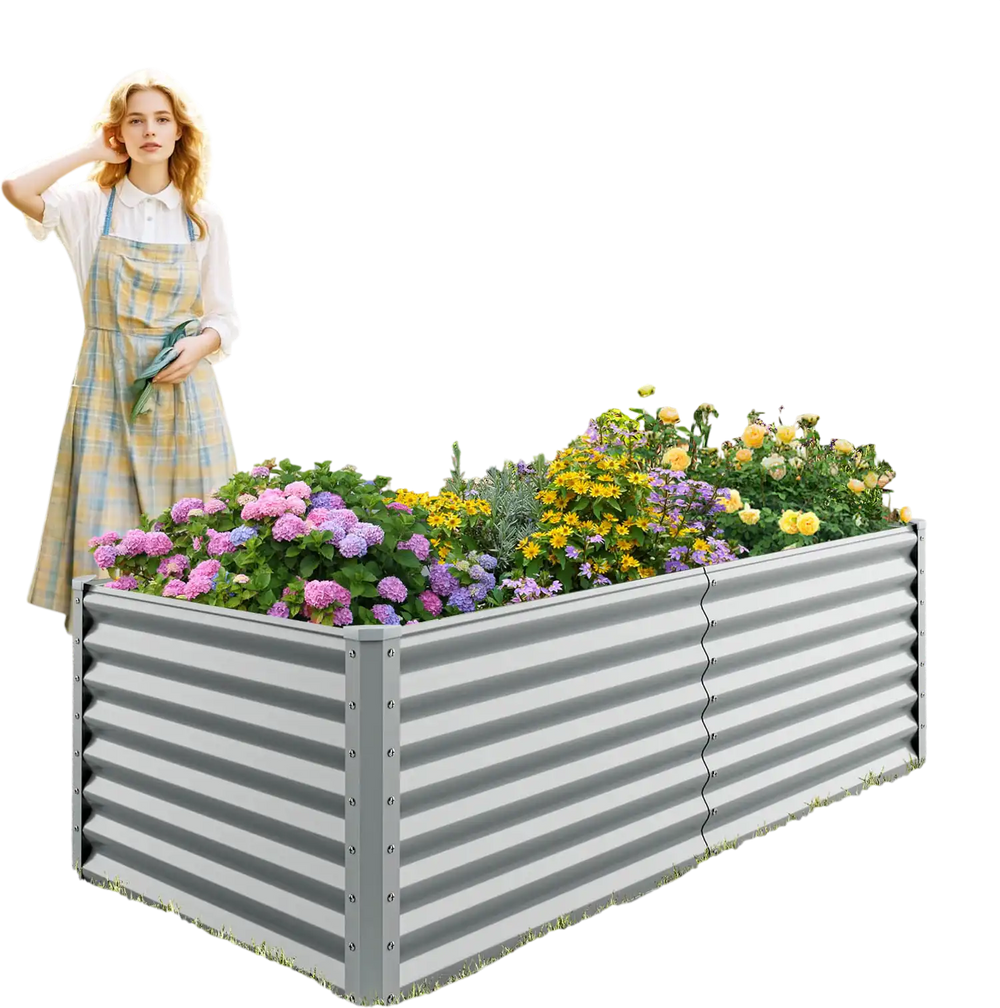 Metal rectangular raised garden bed in gray, 6 x 3 x 2 feet, filled with colorful flowers, ideal for backyard gardening.