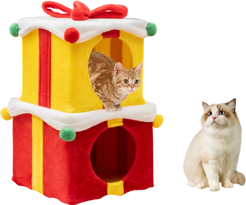 Multicolor gift box-shaped Christmas cat house with two condos, featuring a red bow and plush balls for festive fun.