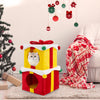 Gift box shaped Christmas cat house in multicolor with stacked condos, red bow, and plush covering for festive feline.