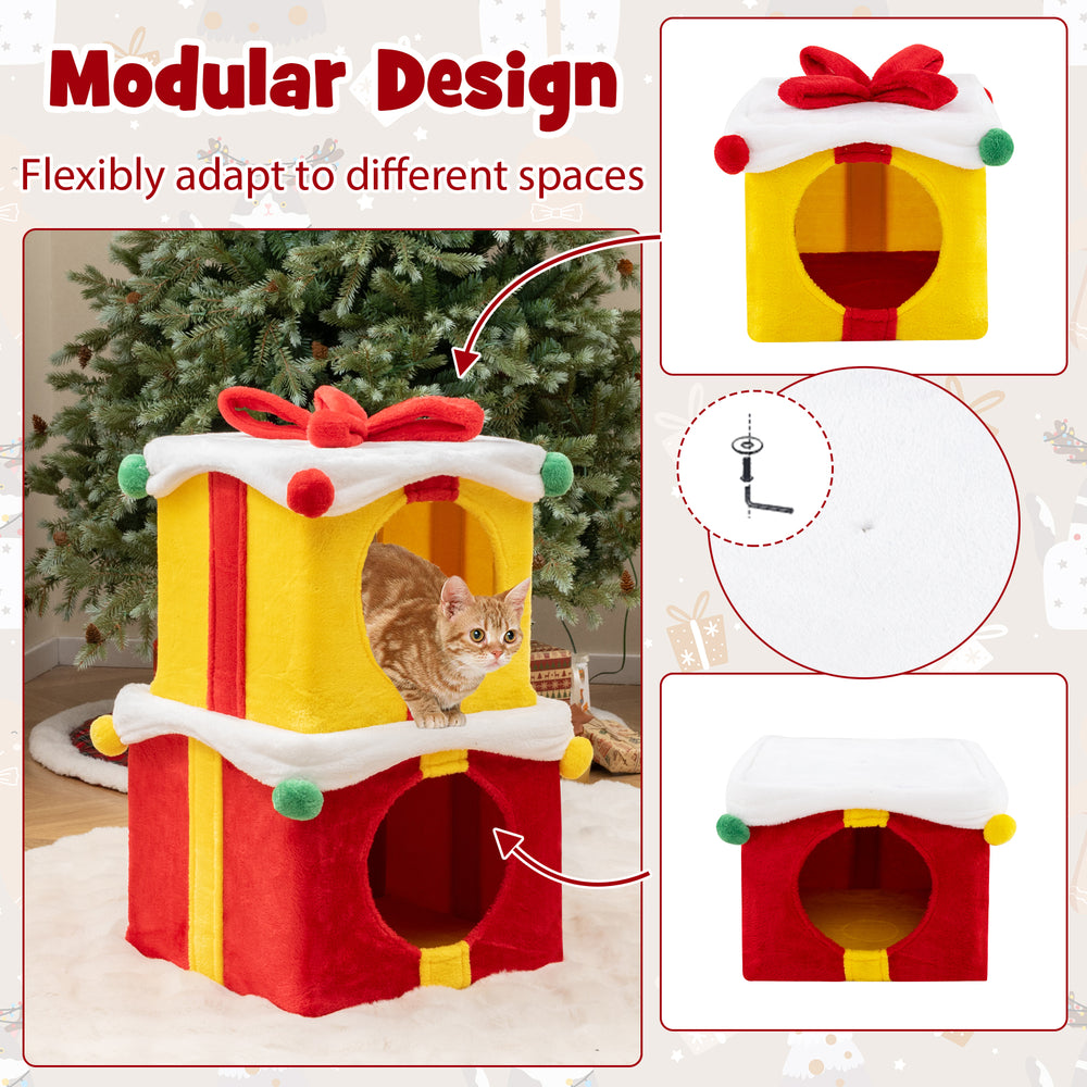 Gift box shaped Christmas cat house with red bow, featuring double condos for two cats, perfect for festive decor.
