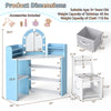 Kids vanity set with lights, spacious countertop, and 3 open shelves, designed for toddlers 3+ years old.