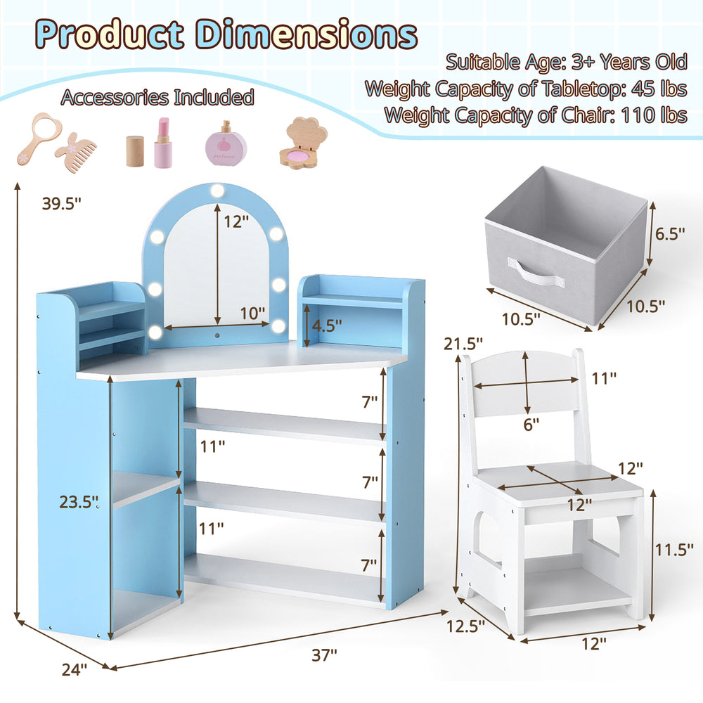 Kids vanity set with lights, spacious countertop, and 3 open shelves, designed for toddlers 3+ years old.