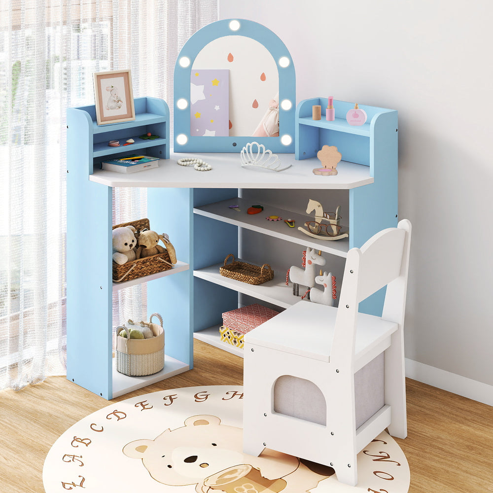 Kids vanity set in blue with LED mirror, ample storage, and ergonomic chair for toddlers aged 3+ years.