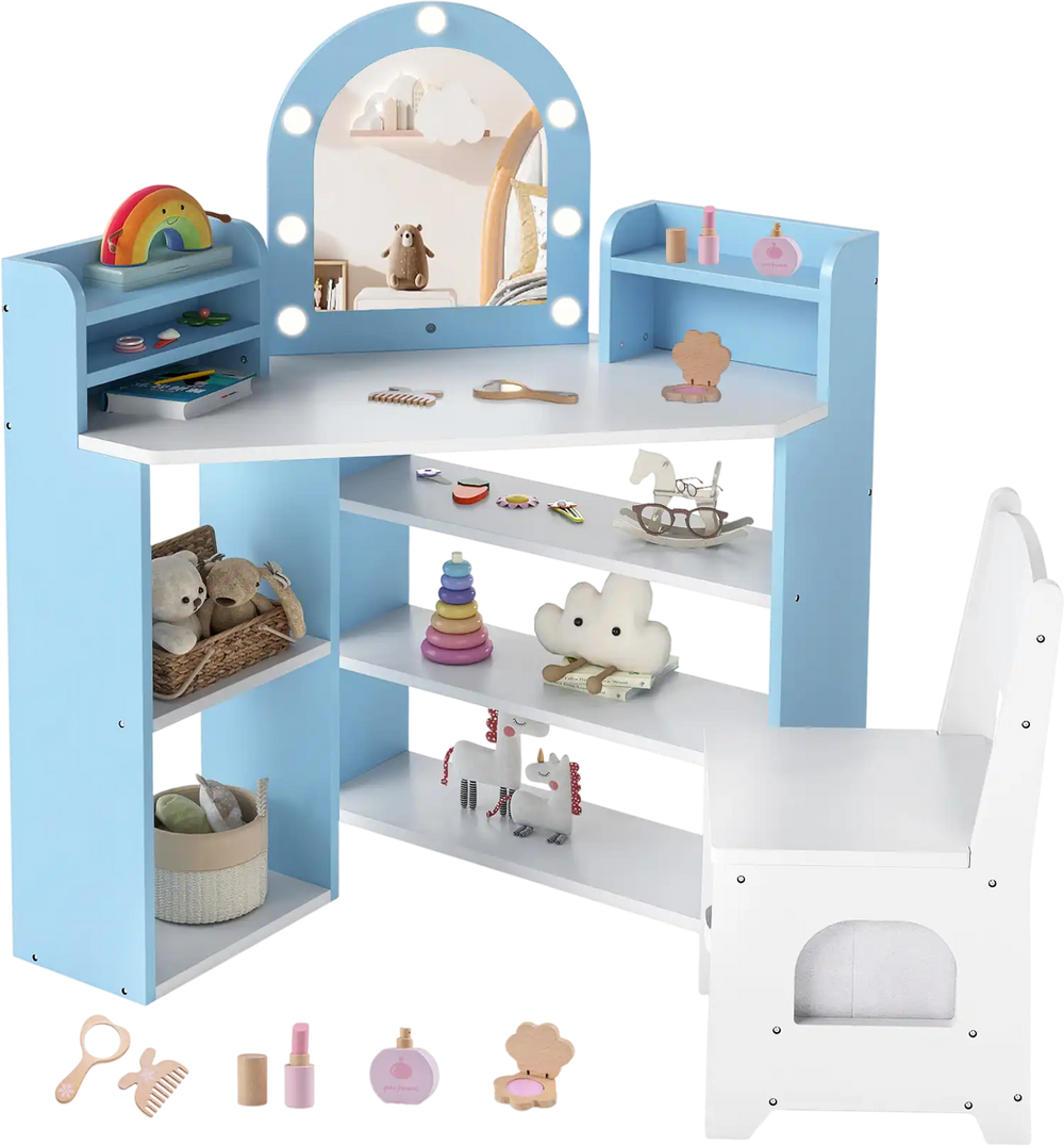 Kids vanity set with lights, blue and white, featuring shelves and a mirror, perfect for toddlers' playroom or bedroom.