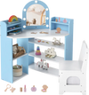 Kids vanity set with lights, blue and white, featuring shelves and a mirror, perfect for toddlers' playroom or bedroom.