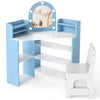 Kids vanity set with lights featuring a blue corner design, spacious countertop, and ergonomic chair for toddlers.