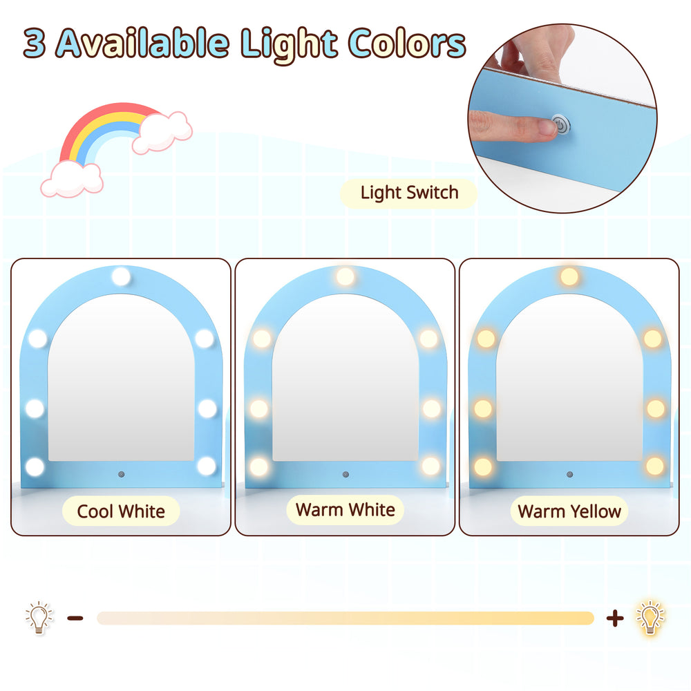 Kids vanity set with lights featuring a 3-color LED mirror, spacious storage, and ergonomic design for toddlers.