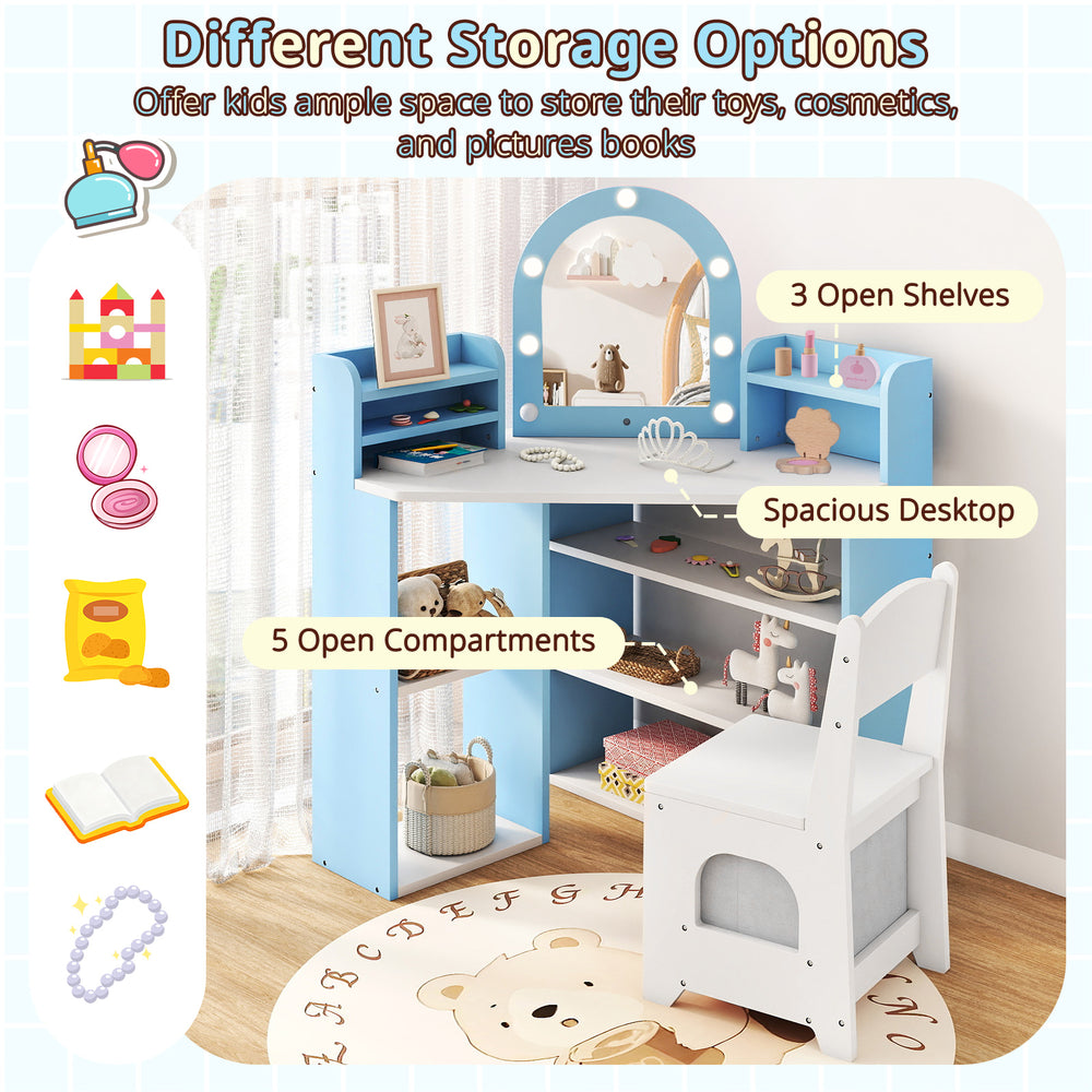 Kids vanity set with lights featuring 3 open shelves, 5 compartments, and a spacious countertop for versatile storage.