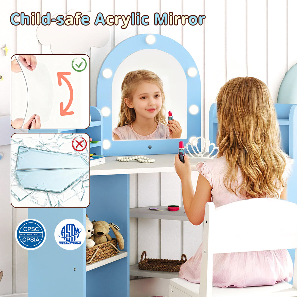 Kids vanity set featuring a child-safe acrylic mirror, LED lights, and ample storage for toddlers aged 3 and up.