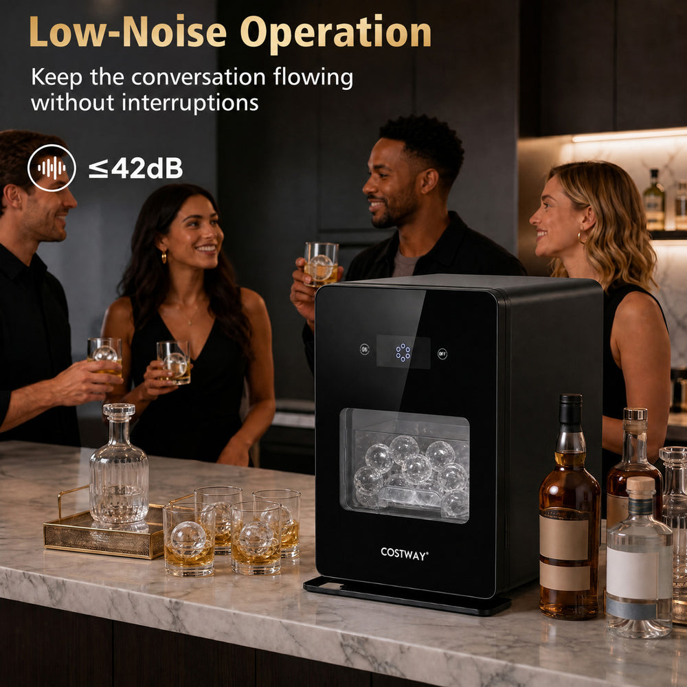 Countertop ice ball maker in black produces 2-inch ice spheres in 38 minutes, perfect for home bars with low-noise operation.