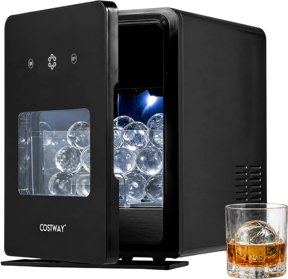 Countertop ice ball maker in black produces 2-inch ice spheres in 38 minutes, perfect for home bars and cocktails.