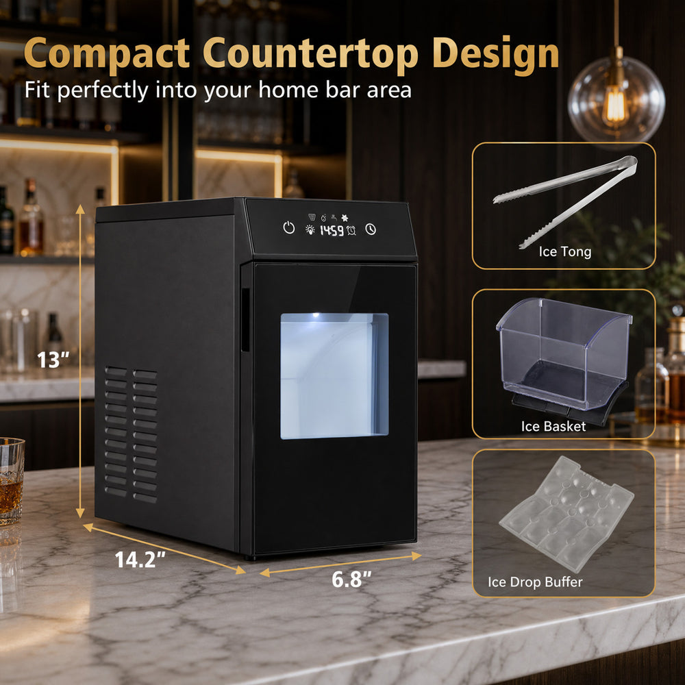 Compact black 2-inch ice ball maker with self-cleaning feature and 40-48 pcs daily capacity for home bar use.