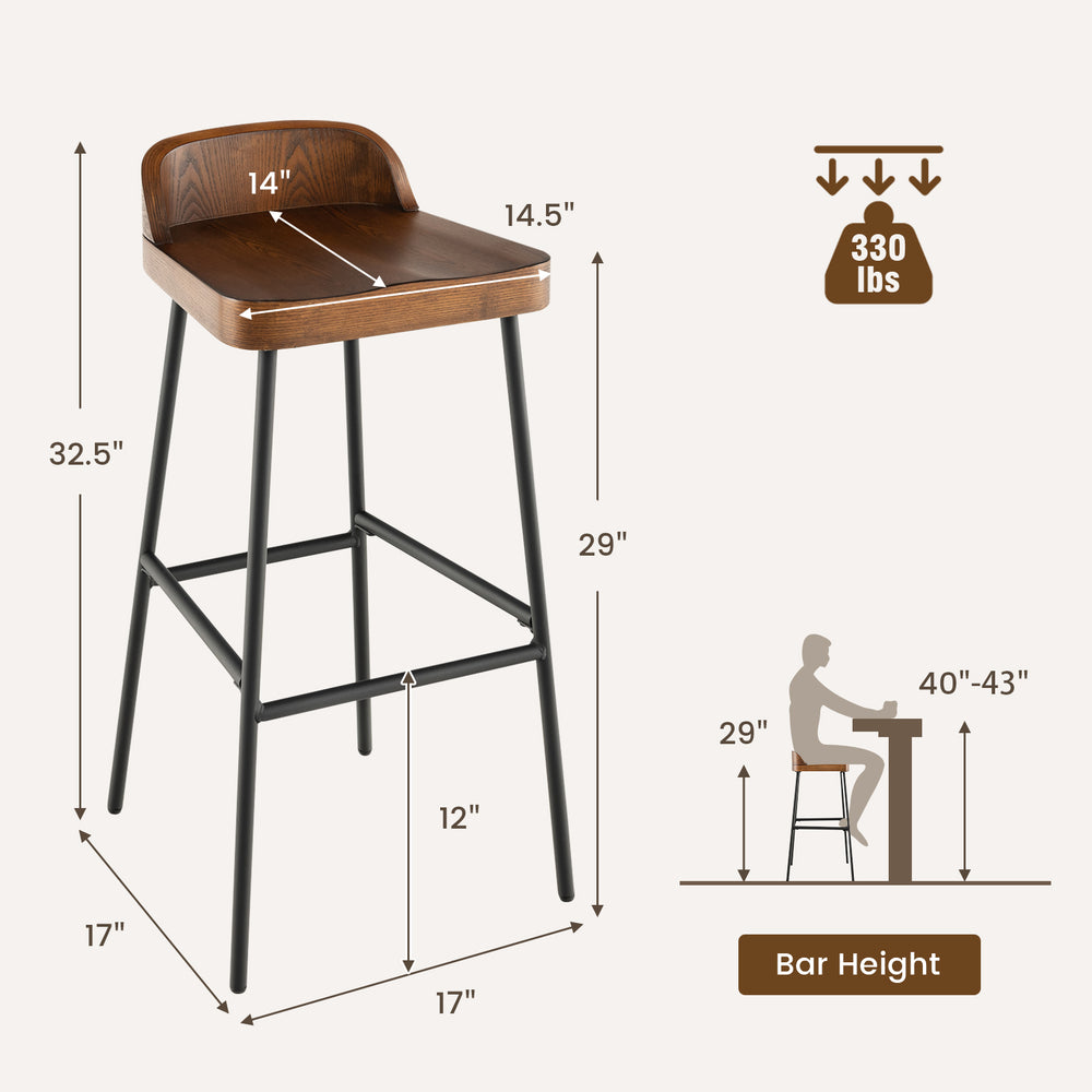 Industrial bar stool with low back, 29" seat height, sturdy metal frame, ideal for kitchen islands or dining bars.