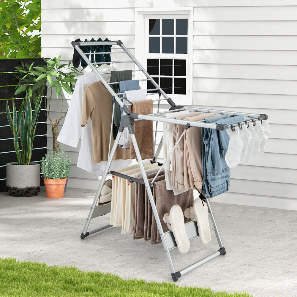 Folding clothes drying rack with 2 layers, 5 adjustable heights, and sturdy A-shaped frame for versatile drying.