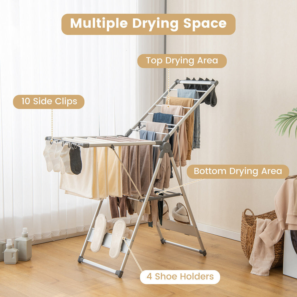 2-layer folding clothes drying rack with adjustable height, featuring multiple drying spaces and 4 shoe holders for.