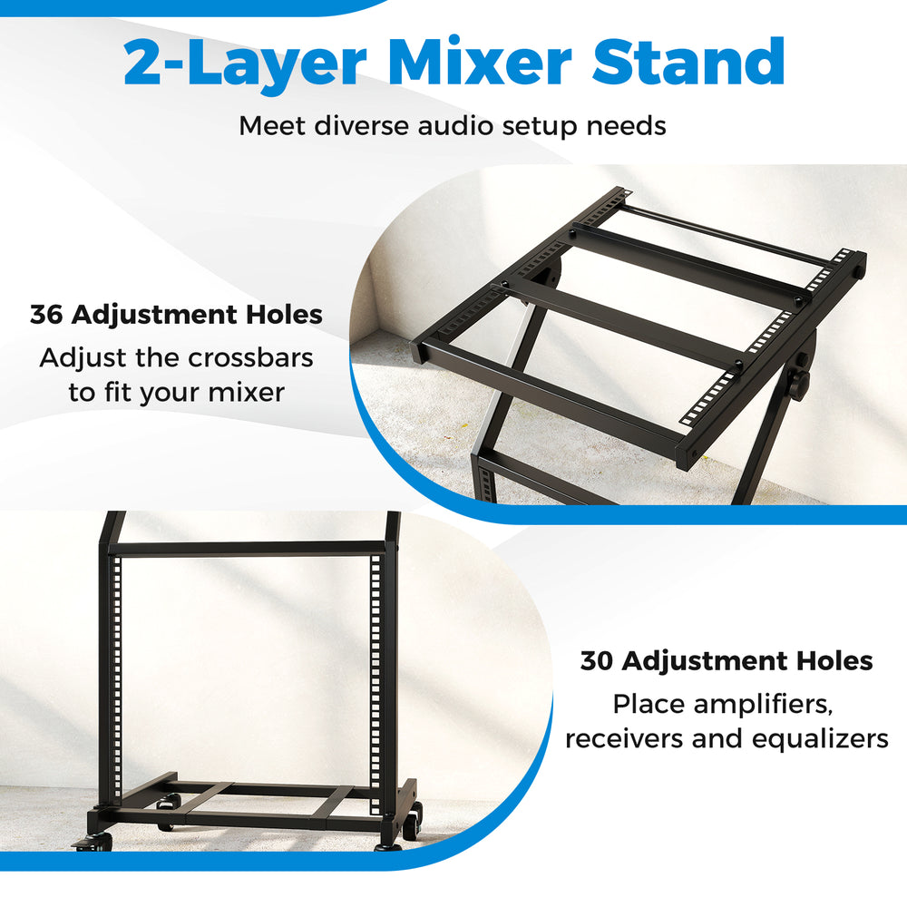 2-layer audio rack mount with 36 adjustable crossbars and 30 vertical holes, ideal for home studios and DJ events.