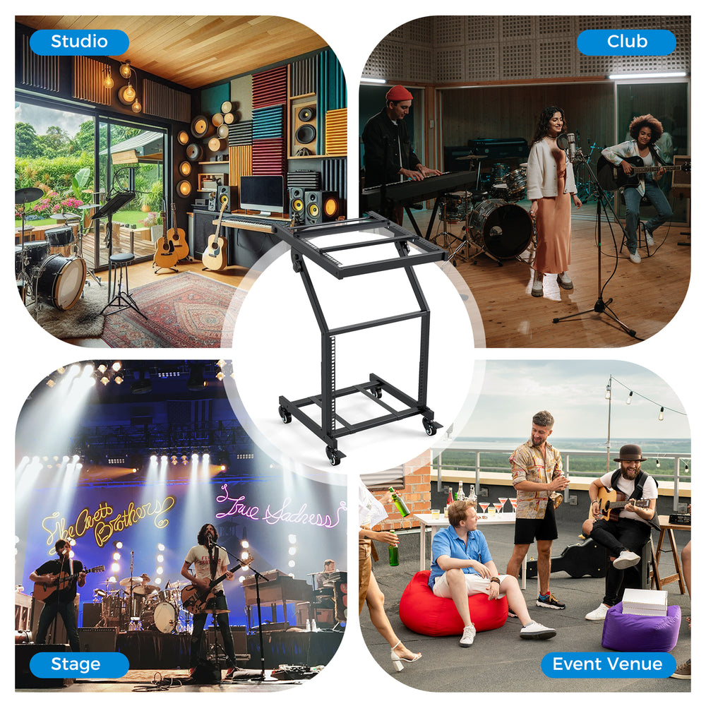 2-layer professional audio rack mount with adjustable crossbars, ideal for studios, clubs, and live performances.