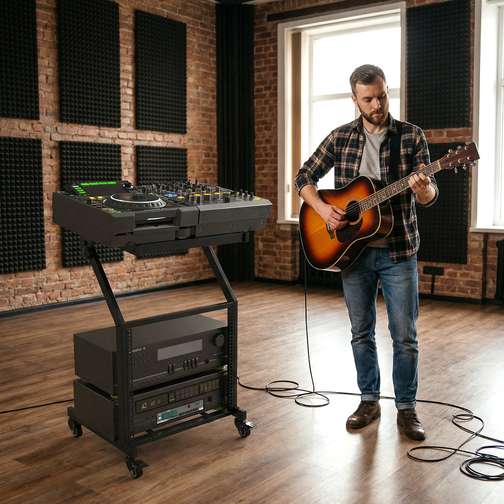 Professional audio rack mount with adjustable crossbars, heavy-duty metal, ideal for home studios and live performances.